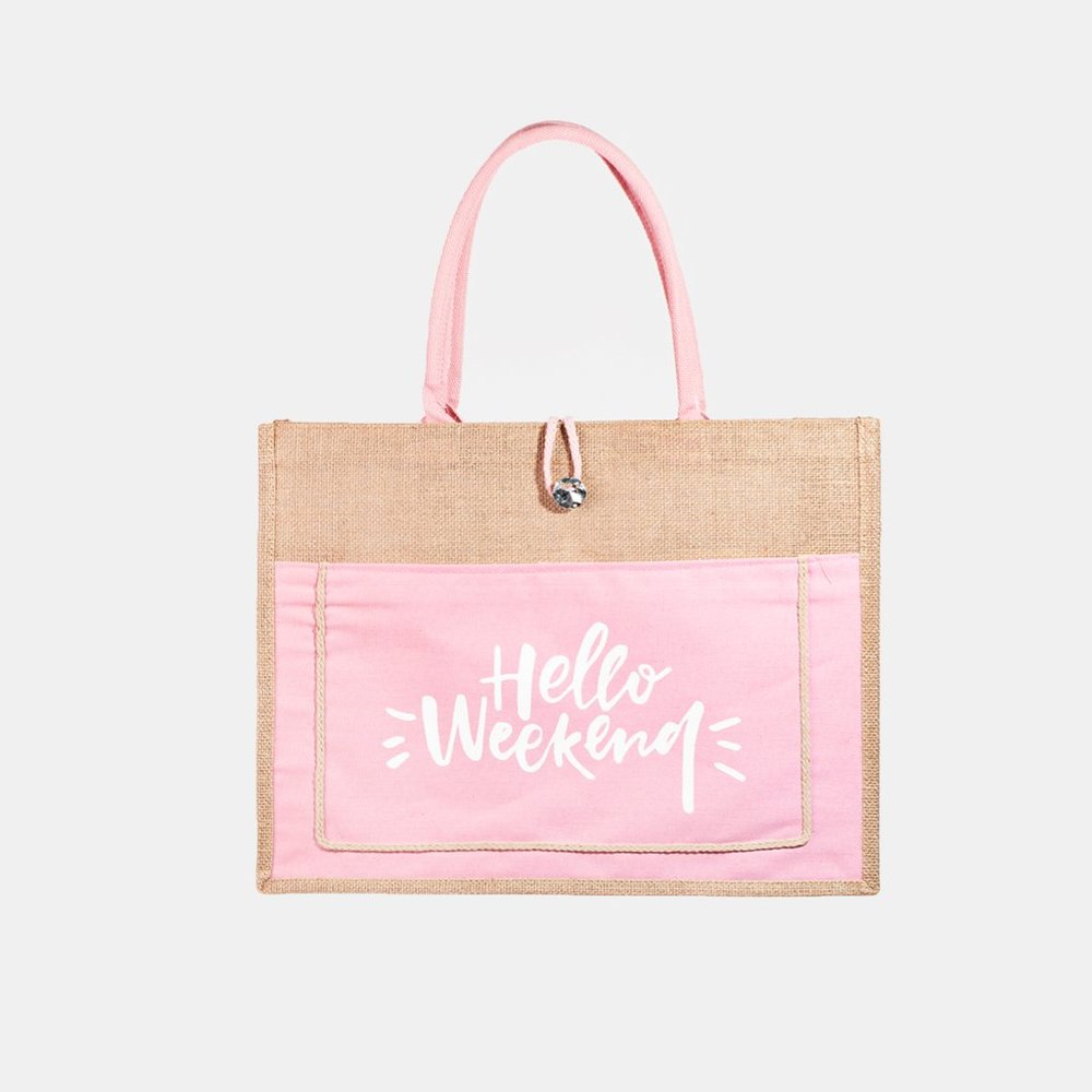 Pink & Natural Tan Hello Weekend Burlap Summer Tote Bag